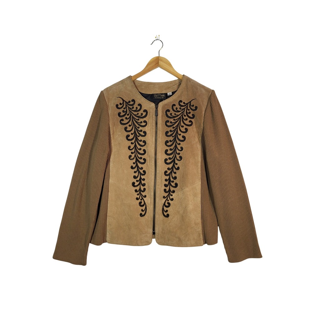 Bob Mackie Wearable Art Jacket L Tan Suede Leather Embroidered Knit Zip NWT